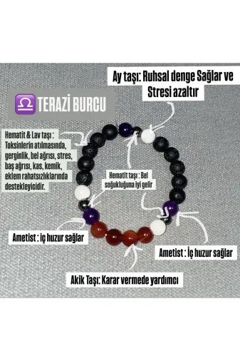 Doğaltaş GNTRZ01 Terazi Burcu Bileklik 8Mm Ay Taşı, Akik,lavtaşı , Hematit ,ametist Doğal Taş Erkek Bileklik