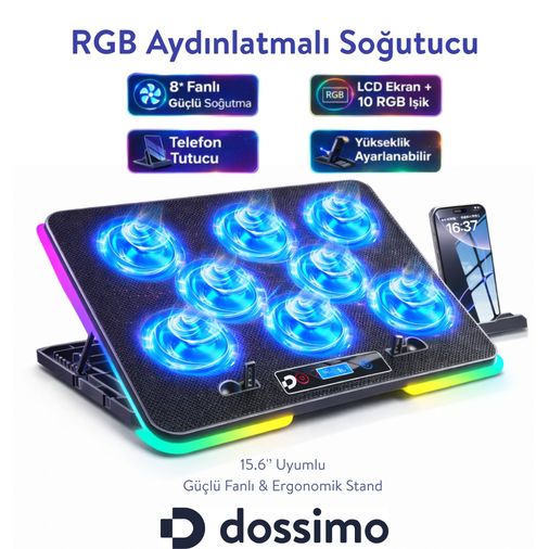 Dossimo 123110921 Nitro Rgb Işıklı 8 Fanlı Lcd Göstergeli 2 Usb Girişli Yükselebilen Notebook Soğutucu S23