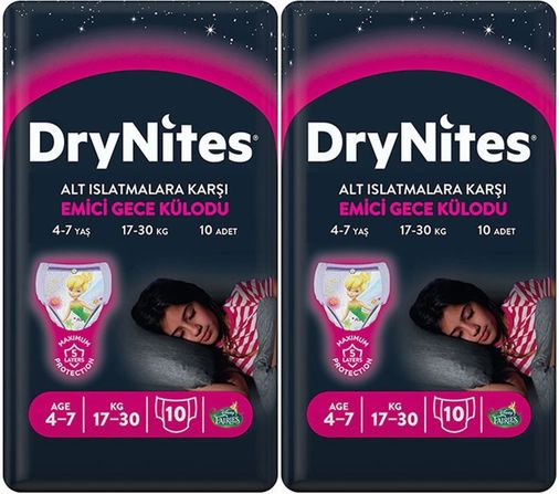 Drynites Emici Gece Külodu/Külot Bez Kız 4-7 Yaş 17-30 KG Large 20 Adet 2PK*10 Alt Islatmalara Karşı