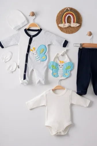 Dua Giyim JBTF-787387 Kelebek Nakışlı Tulumlu % 100 Pamuk Erkek Bebek 5'li Set