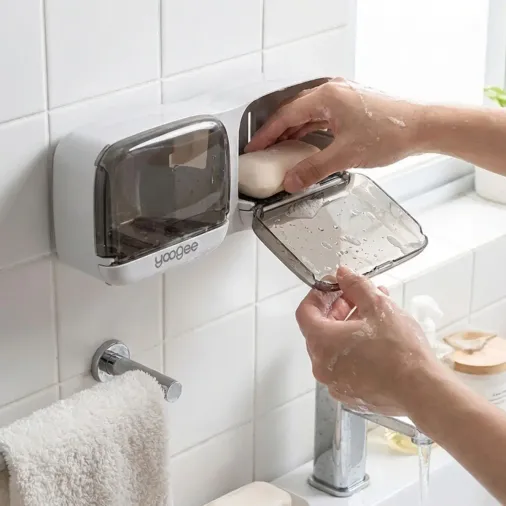 Duvara Monte İkili Kapaklı Plastik Katı Sabunluk Organizer – Banyo &amp;amp; Mutfak İçin Yapışkanlı Sabun Kutusu ve Düzenleyici (4745)