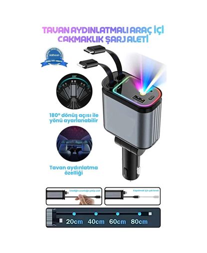 eco port TrLat0EM0015K-Çakmaklık-BLNCC Led Işık Tavan Aydınlatmalı 66W 4 1 Çift Kablolu Hızlı Şarj 3.4A Araç İçi Çakmaklık Şarj Aleti