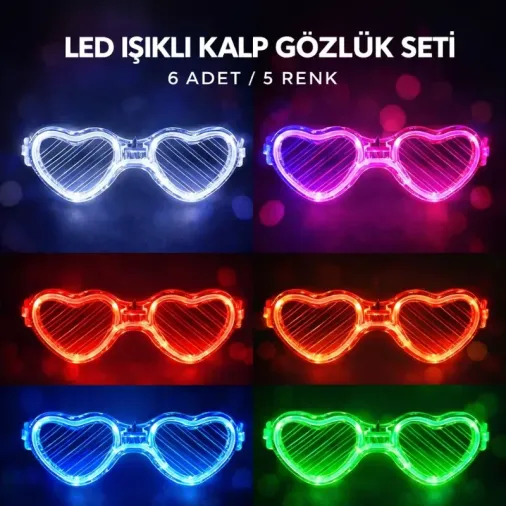 Eğlenceli LED Işıklı Kalp Gözlük Seti 6 Adet 5 Renk