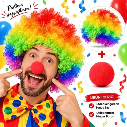 Eğlenceli Rengarenk Bonus Saç ve Kırmızı Sünger Burun Seti