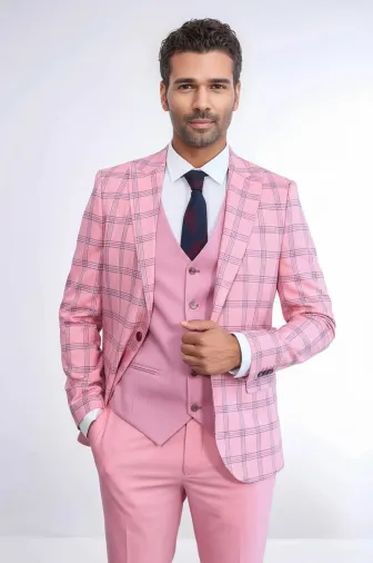 Ekose Ceketli Desenli Slim Fit Pembe Erkek Takım Elbise - Wessi