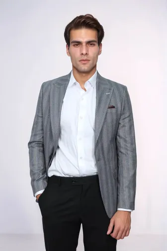 Ekose Çizgili Slim Fit Gri Erkek Ceket - Wessi