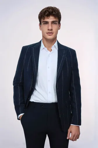 Ekose Sivri Yaka Lacivert Slim Fit Ceket - Wessi