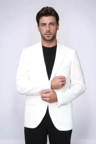 Ekru Kedinden Desenli Örme Altın Renk Metal Düğmeli Slim Fit Erkek Blazer Ceket - Wessi