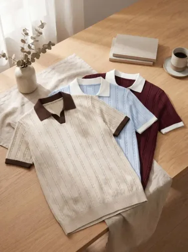 Erkek 3'lü Paket Örgü Desen Yakalı Kısa Kollu Triko Tişört - %100 Pamuk Akrilik - S - Çok Renkli