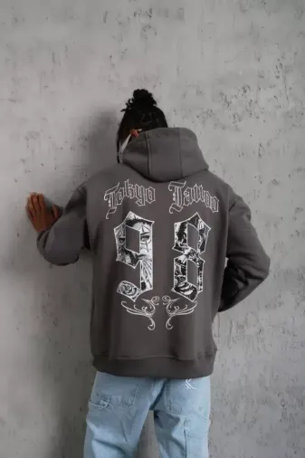 Erkek 98 Baskılı Kapşonlu Sweat - Gri - M - Gri