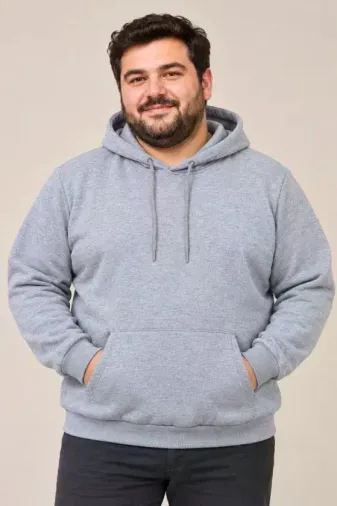 Erkek Battal Büyük Beden Üç İplik İçi Şardonlu Kapüşonlu Kanguru Cepli Kışlık Sweatshirt - Gri - 4XL - Gri