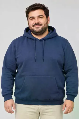 Erkek Battal Büyük Beden Üç İplik İçi Şardonlu Kapüşonlu Kanguru Cepli Kışlık Sweatshirt - Lacivert - 2XL - Lacivert