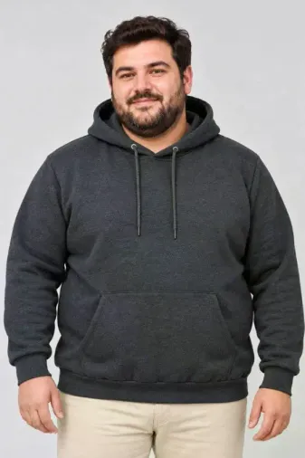 Erkek Battal Büyük Beden Üç İplik İçi Şardonlu Kapüşonlu Kanguru Cepli Kışlık Sweatshirt - Füme - 3XL - Füme