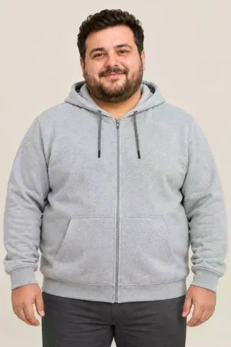 Erkek Battal Büyük Beden Üç İplik İçi Şardonlu Kapüşonlu Tam Fermuarlı Kışlık Sweatshirt - Gri - 4XL - Gri