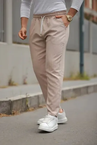 Erkek Beli Bağcıklı çizgili Pantolon - S - Bej