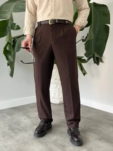 Erkek Beli Lastikli Pileli Rahat Kesim Kumaş Pantolon - XL - Acı Kahve