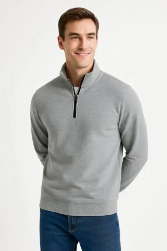Erkek Dik Yaka Sweatshirt Dik Yaka Yarım Fermuarlı 3 İplik Şardonlu Pamuk Kumaş - Gri - XL - Gri