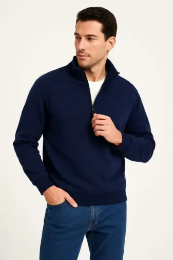 Erkek Dik Yaka Sweatshirt Dik Yaka Yarım Fermuarlı 3 İplik Şardonlu Pamuk Kumaş - Lacivert - XL - Lacivert