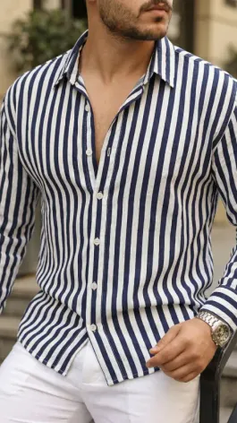 Erkek Dikey Çizgili Yarım Oversize Gömlek