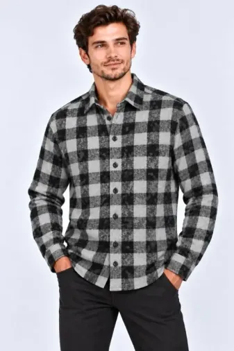 Erkek Ekose Kareli Batik Yıkamalı Şardonlu Uzun Kollu Regular Fit Oduncu Gömlek - Siyah - XL - Siyah