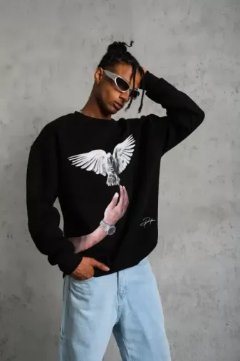 Erkek Güvercin Baskılı Sweatshirt - Siyah - XL - Siyah