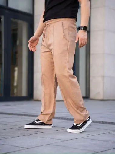Erkek Keten Cepli Çıma Dikişli Jogger Buggy Pantalon Rahat Kalıp - Kahverengi - S - Kahverengi
