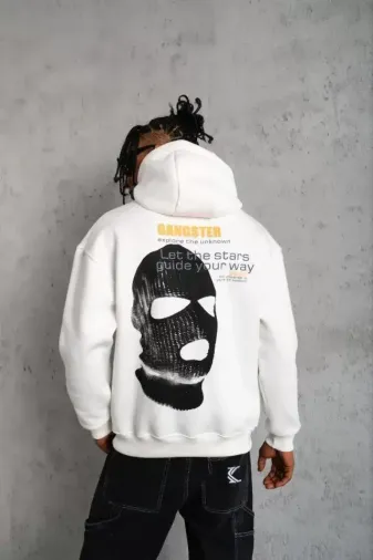 Erkek Kordonlu Maske Baskılı Kapüşonlu Sweat - Beyaz - M - Beyaz
