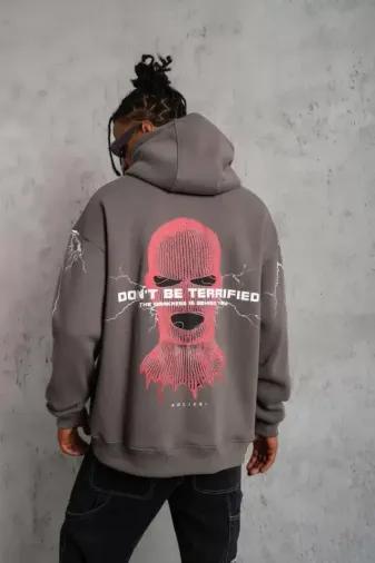 Erkek Maske Baskılı Kapüşonlu Sweat - Gri - L - Gri