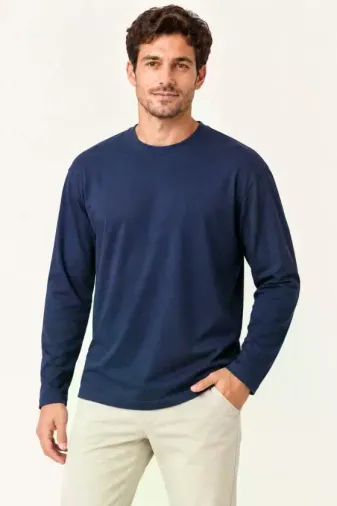 Erkek Modal Yumuşak Dokulu Bisiklet Yaka Uzun Kollu Tişört Sweatshirt - Lacivert - S - Lacivert