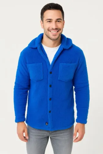 Erkek Pelüş Polar Hırka Gömlek – Yakalı, İlik Düğmeli, Göğüs Cepli, Yumuşak Dokulu Kışlık Regular Fit Rahat Günlük Model - Saks Mavisi - 2XL - Saks Ma