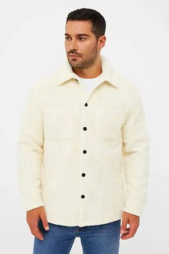 Erkek Pelüş Polar Hırka Gömlek – Yakalı, İlik Düğmeli, Göğüs Cepli, Yumuşak Dokulu Kışlık Regular Fit Rahat Günlük Model - Beyaz - 2XL - Beyaz