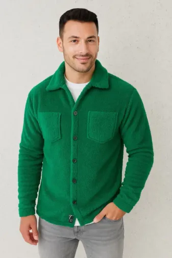 Erkek Pelüş Polar Hırka Gömlek – Yakalı, İlik Düğmeli, Göğüs Cepli, Yumuşak Dokulu Kışlık Regular Fit Rahat Günlük Model - Çimen Yeşili - 2XL - Çimen