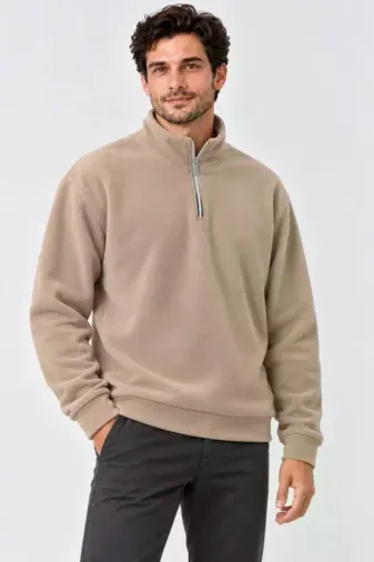 Erkek Polar Dik Yaka Yarım Fermuarlı Uzun Kollu Regular Fit Kışlık Sweatshirt - Bej - L - Bej