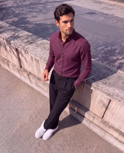 Erkek Standart Kesim Gabardin Kumaş Uzun Kollu Gömlek - 2XL - Bordo