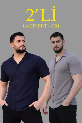 Erkek Waffle Dokuma Açık Yakalı Düğmeli Regular Kalıp 2’li Gömlek Seti - Lacivert - Gri - L - Çok Renkli