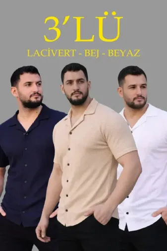 Erkek Waffle Dokuma Açık Yakalı Düğmeli Regular Kalıp 3’lü Gömlek Seti - Bej, Beyaz, Lacivert - S - Çok Renkli