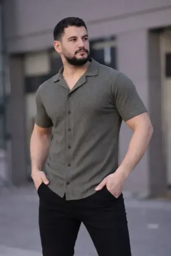 Erkek Waffle Kumaş Kısa Kollu Düğmeli Açık Yaka Regular Fit Gömlek - Haki - XL - Haki