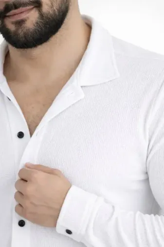 Erkek Waffle Kumaş Uzun Kollu Düğmeli Açık Yaka Regular Fit Gömlek - Beyaz - XS - Beyaz