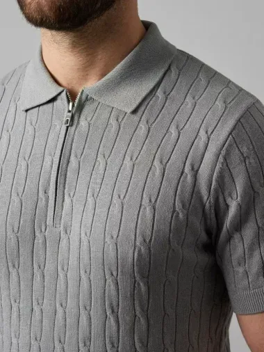 Erkek Yazlık Triko Saç Örgü Tişört Kısa Kol Polo Yaka Fermuarlı T-Shirt - Gri - M - Gri