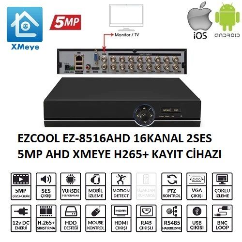 Ezcool EZ-8516AHD 16 Kanal 5MP XMEye Kayıt Cihazı