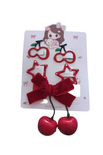 FAMEMUS ACCESSORY 0020054 Sevimli Kız Kiraz Çocuk Tokası Seti – Kiraz Temalı (4 Parça)