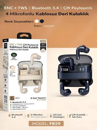 FB29 Kablosuz Kulaklık Enc+Tws, Çift Paylaşımlı, 4 Mikrofonlu Lcd Göstergeli, Deri Kulak İçi Kulaklık