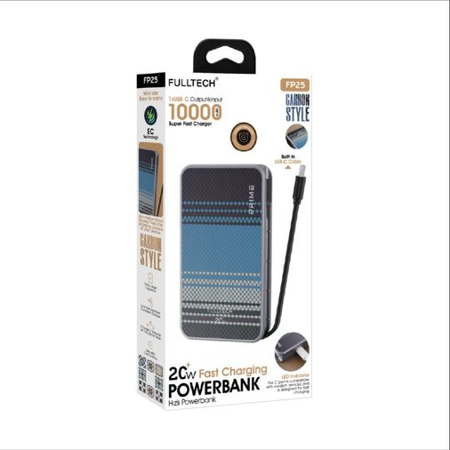 Fp25 Powerbank 10.000Mah, Dahili Usb-C Kablolu Karbon Stil, 20W Powerbank
