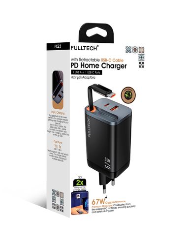 Fulltech Fc23 67W Gan Hızlı Şarj Adaptörü | Dahili Retractable Usb-C Kablo + Usb-A Çıkışı | Telefon, Tablet Ve Laptop Uyumlu
