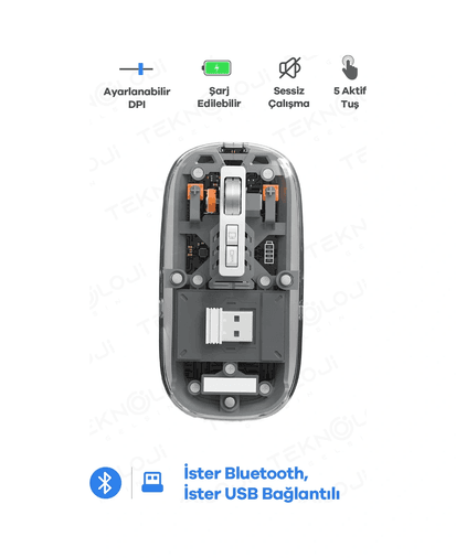 Genel Markalar epo10070 Bluetooth Usb Çift Modlu Sessiz Mouse, Şeffaf Mıknatıslı Kapaklı, Type-C Şarjlı, Dpı Ayarlı, Kablosuz 10M Çekim Mesafeli, Masaüstü Kısayol Tuşlu, Taşınabilir Şarjlı Mouse Siyah