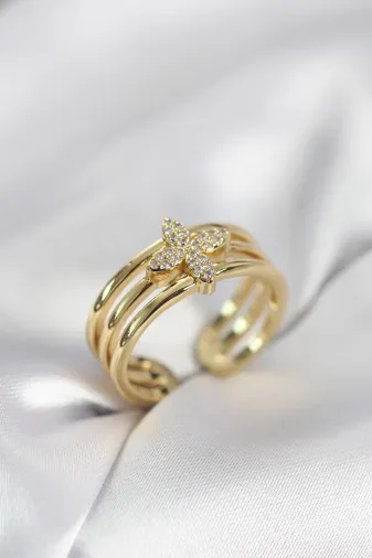 Gold Renk Zirkon Taşlı Yonca Model Kadın Yüzük TJ-BYK4054