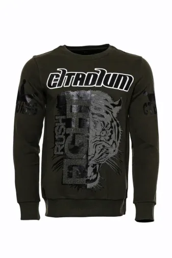 Haki Yeşil Citadium Baskılı Taşlı Bisiklet Yaka Sweatshirt | Wessi