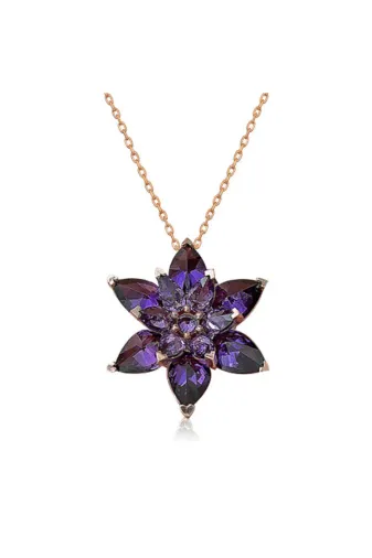 HAZEGO 26714 Gümüş Rose Mor Lotus Çiçeği Kolye