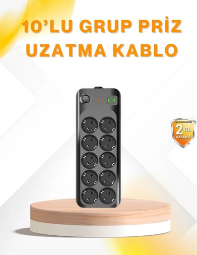 Hobibahçem MEYTDUCZZZ10LUPRİZ-1-BLMY Mey İthalat 10 Lu Çoklu Priz Termal Korumalı Usb Type-C Çıkışlı 2500W Uzatma Kablosu 0-2