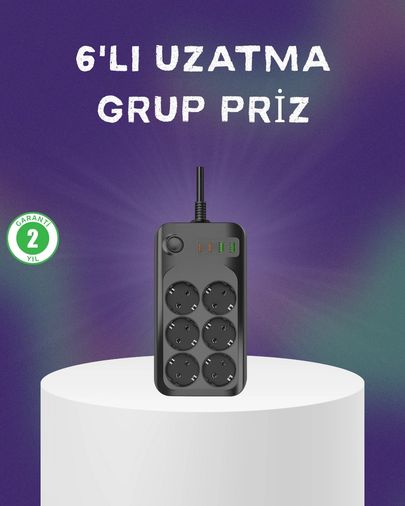Hobibahçem MEYTDUCZZZ6LIPRİZ-4-BLMY Mey İthalat 6 Prizli Çoklu Uzatma Kablosu Usb Type-C Hızlı Şarj Termal Koruma 0-2